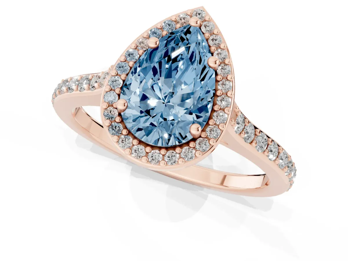 Fancy Blue Pear Cut Diamond Halo Engagement Ring with Round Pavé Shoulders and Prong Setting Rose gold
