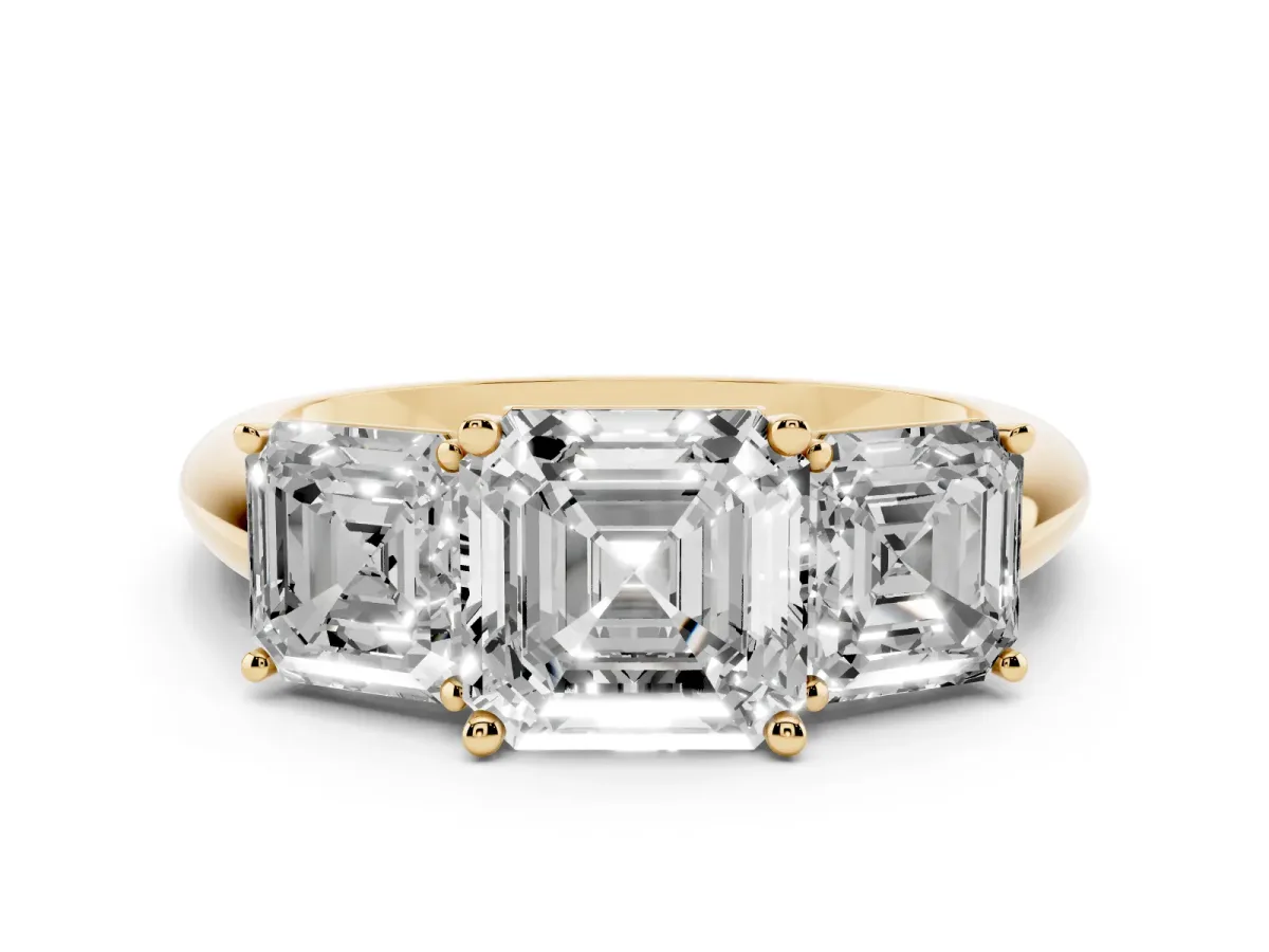 Three-Stone Asscher Cut Cut Diamond Engagement Ring with Prong Setting on a White Gold Band Yellow gold