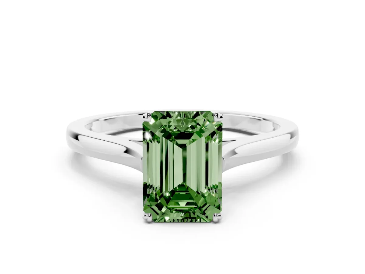 Fancy Green Emerald Cut Solitaire Heart Prong Engagement Ring with Tapered Band White gold