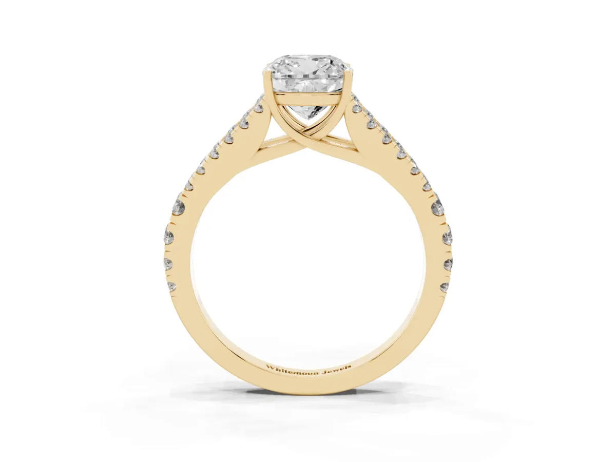 Cushion Cut Diamond Split Shank Engagement Ring with Round Pavé and Prong Setting Yellow gold