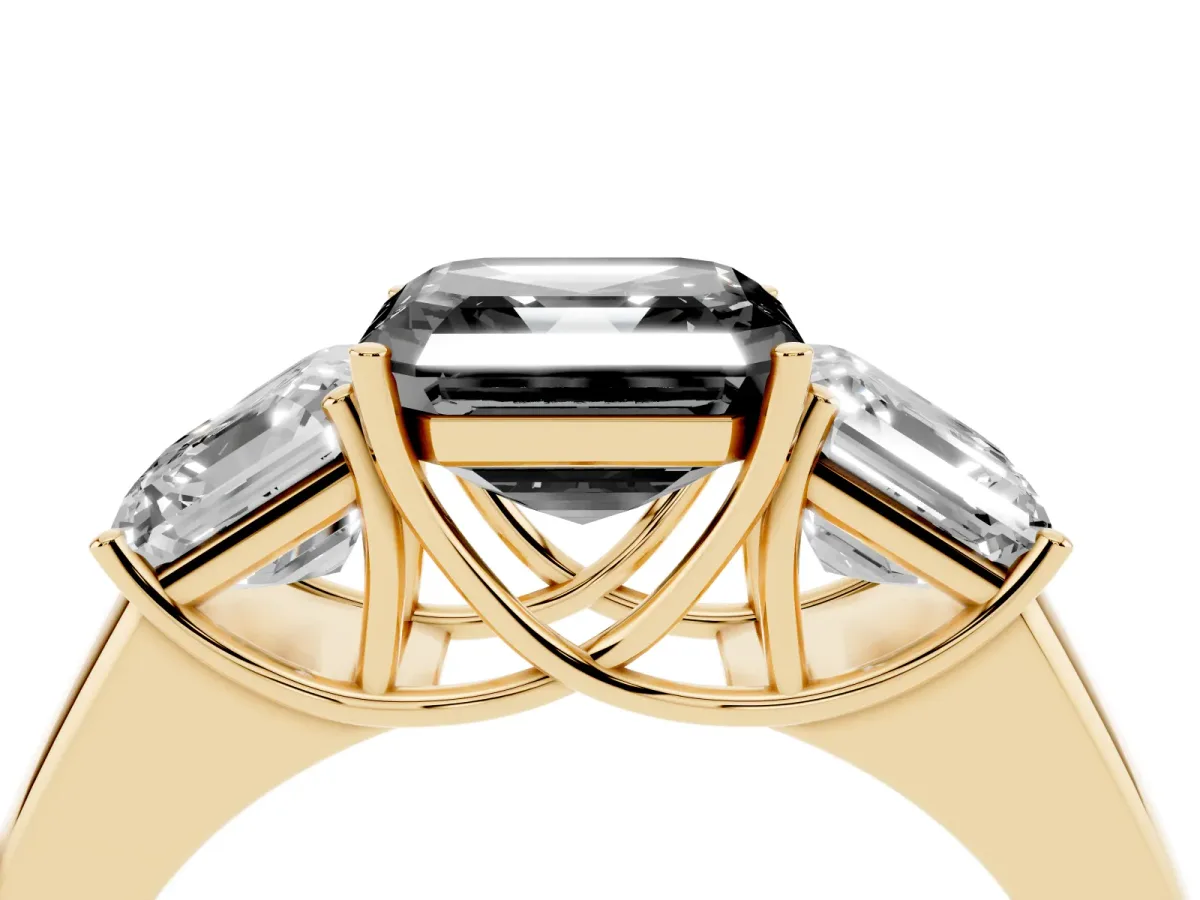 Fancy Black Three-Stone Asscher Cut Cut Diamond Ring with Prong Setting and Classic Band Yellow gold