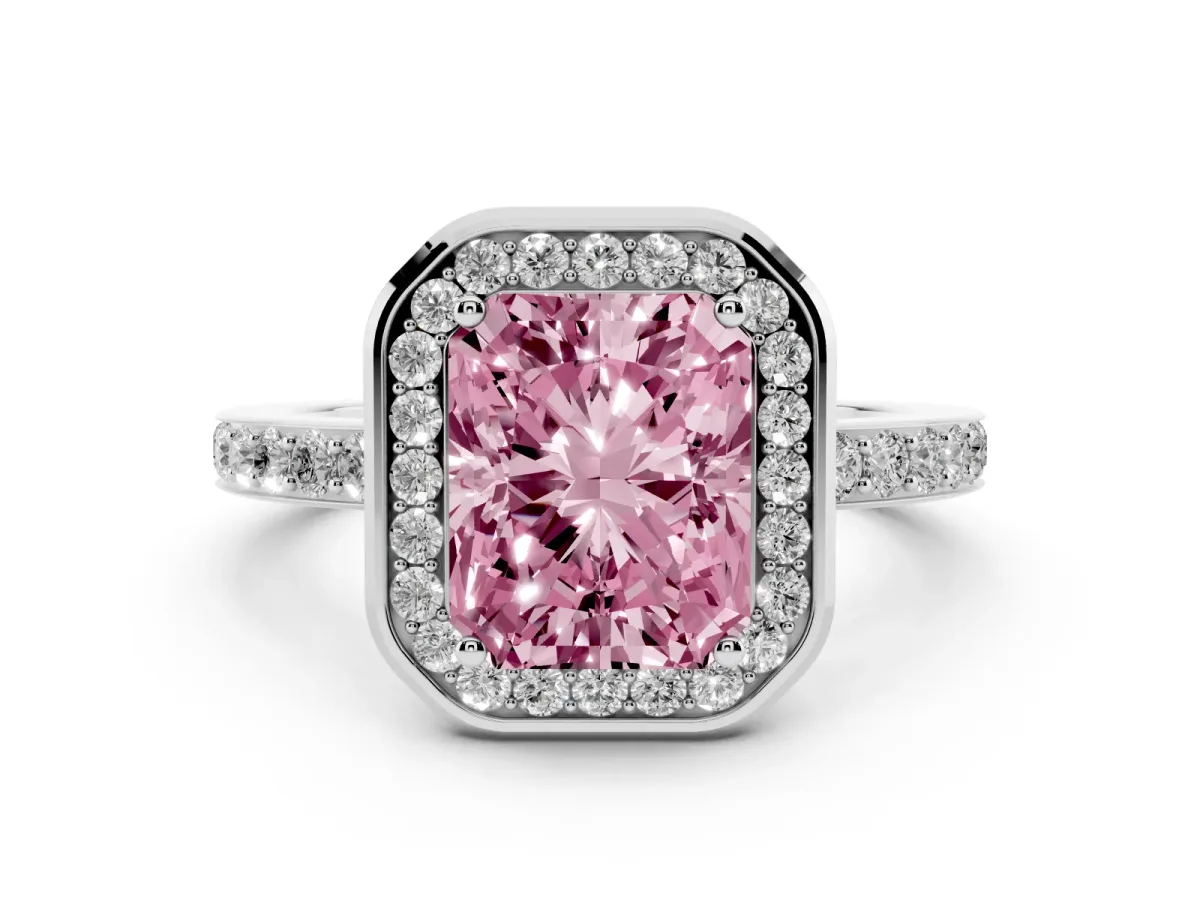 Fancy Pink Radiant Cut Diamond Halo Ring with Bezel Frame and Pavé Band Silver