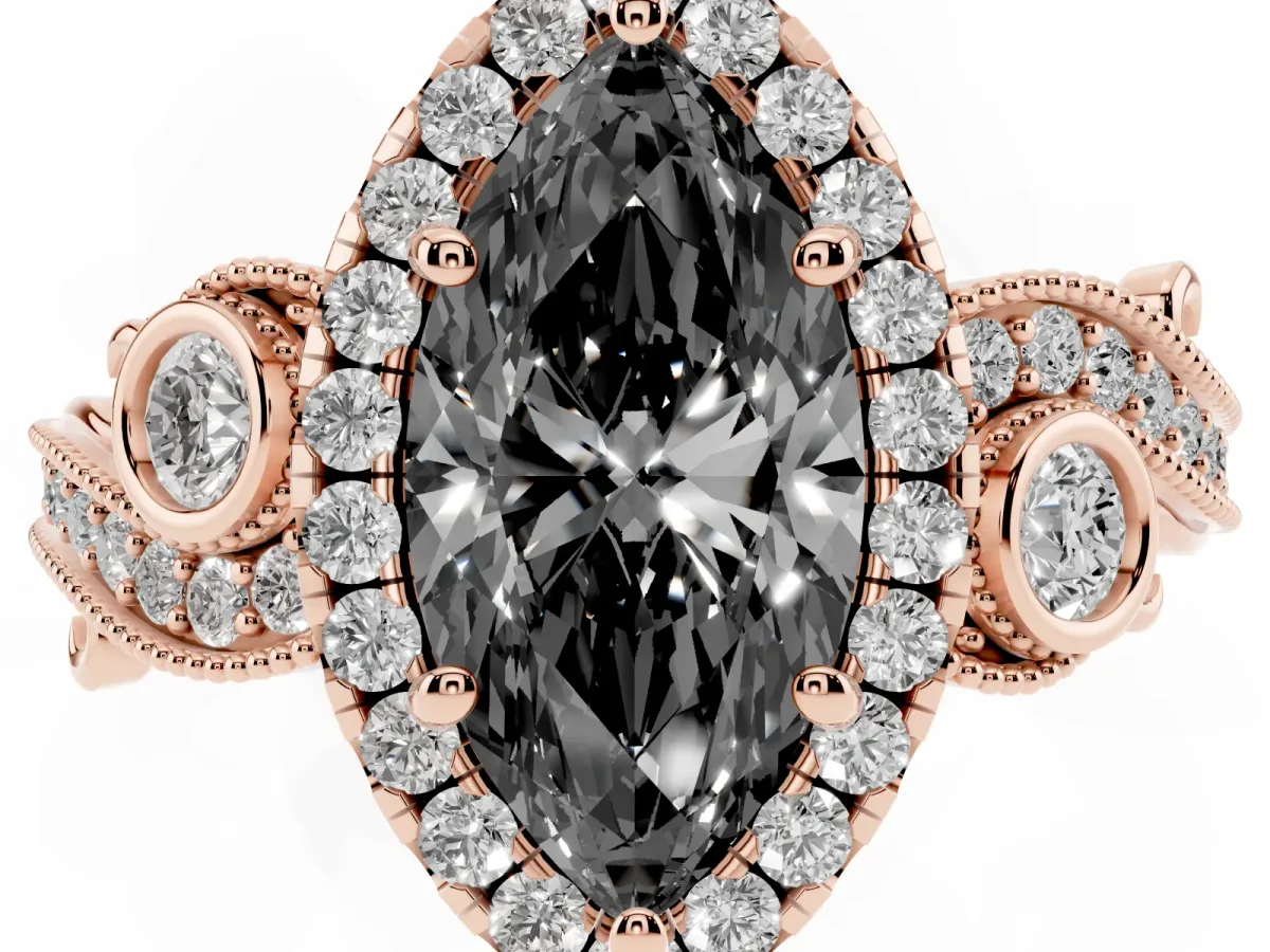 Fancy Black Marquise Cut Halo Diamond Ring with Milgrain and Bezel Accents on a Split Shank Band Rose gold