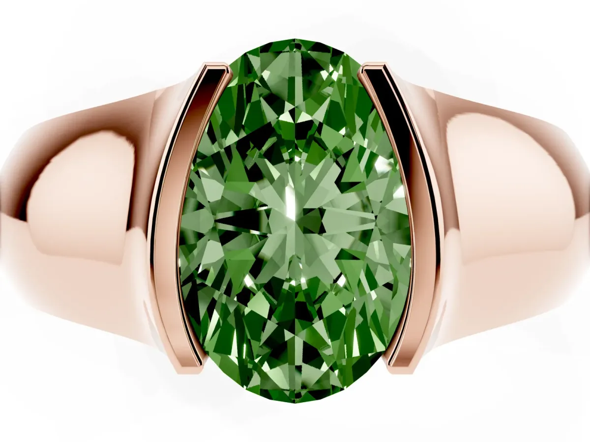 Fancy Green Oval Cut Solitaire Bezel Set Diamond Ring with Wide Band Rose gold
