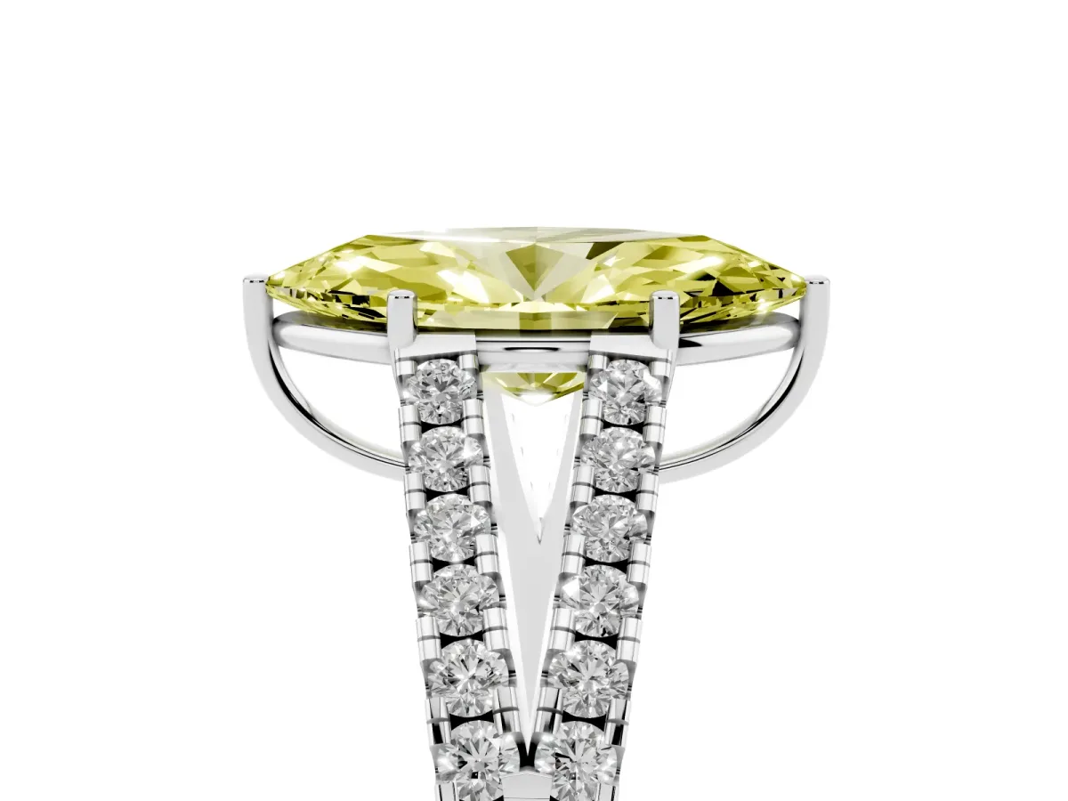 Fancy Yellow Marquise Cut Diamond Split Shank Pavé Engagement Ring with Four-Prong Setting Platinum