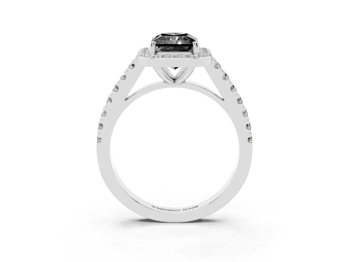 Fancy Black Radiant Cut Diamond Halo Ring with Round Pavé Split Shank and Prong Setting Silver