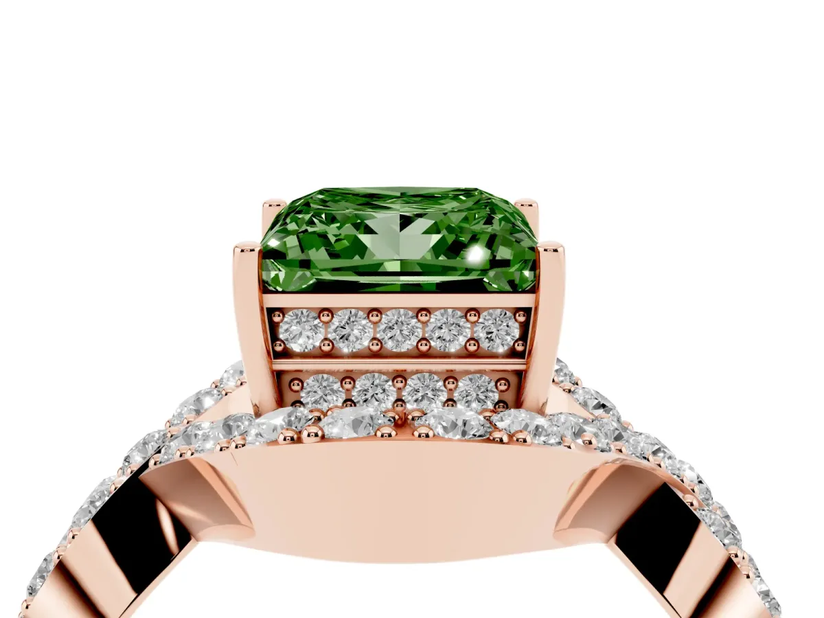Fancy Green Princess Cut Solitaire Twist Band Pavé Diamond Engagement Ring Rose gold