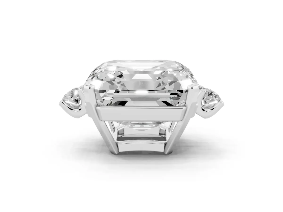 Asscher Cut Cut Three-Stone Solitaire Ring with Round Accent Diamonds and Four-Prong Setting Silver