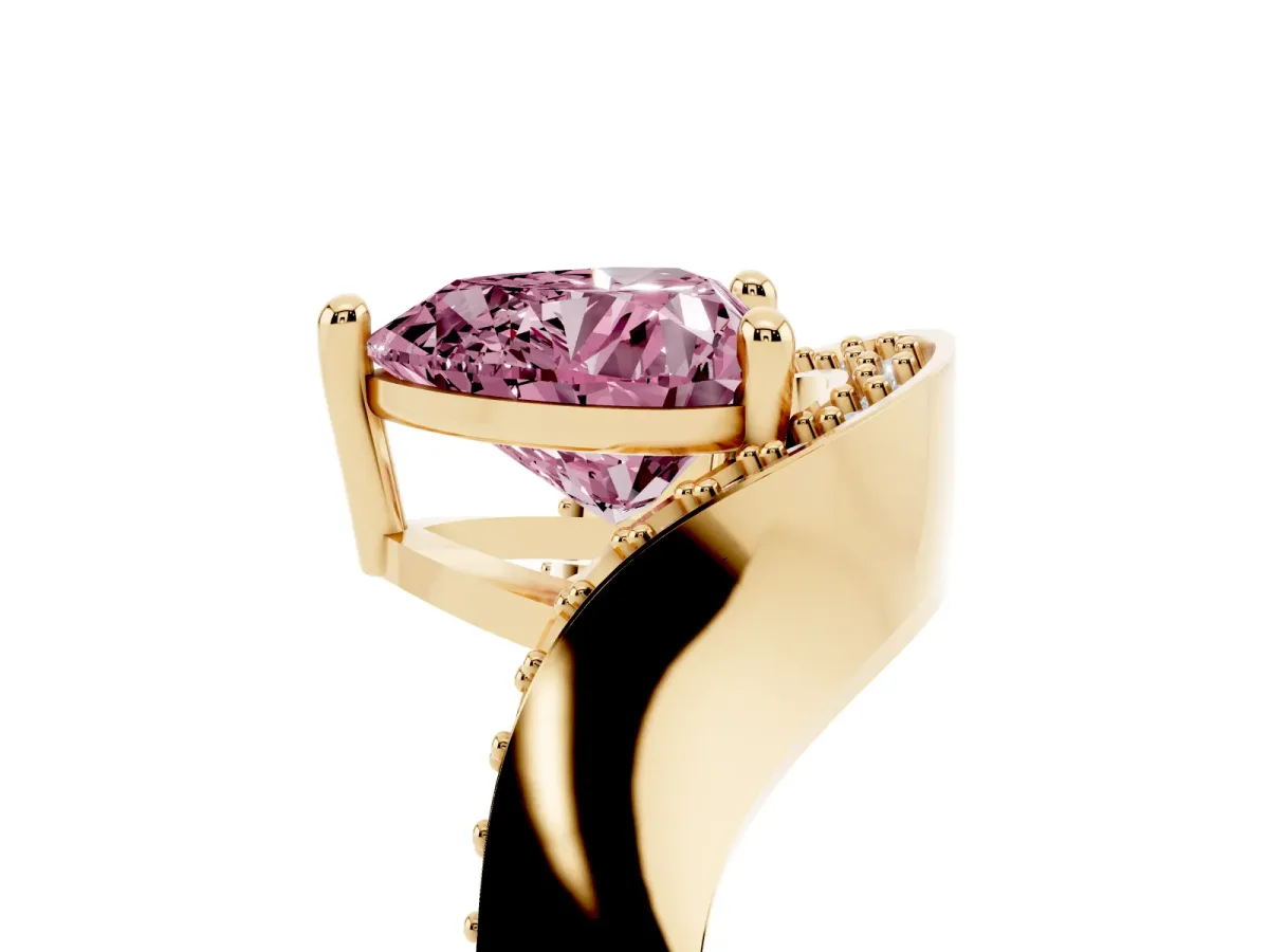 Fancy Pink Heart Cut Solitaire Diamond Engagement Ring with Pave Band and Four-Prong Setting Yellow gold