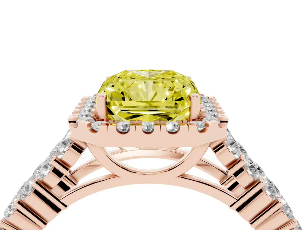Fancy Yellow Radiant Cut Diamond Halo Engagement Ring with Triple Row Round Pavé Band and Prong Setting Rose gold