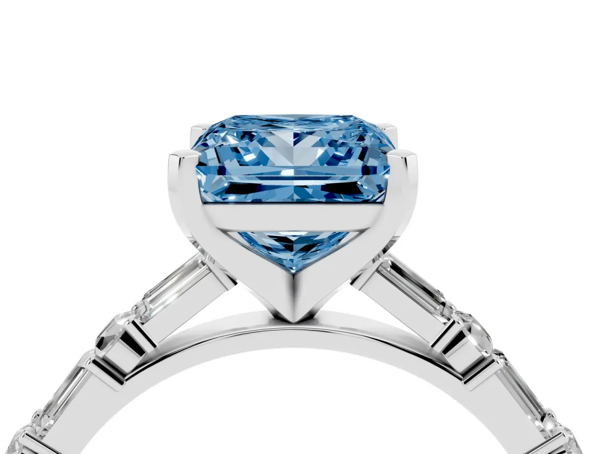 Fancy Blue Princess Cut Diamond Solitaire with Side Baguettes and Channel Set Band Silver