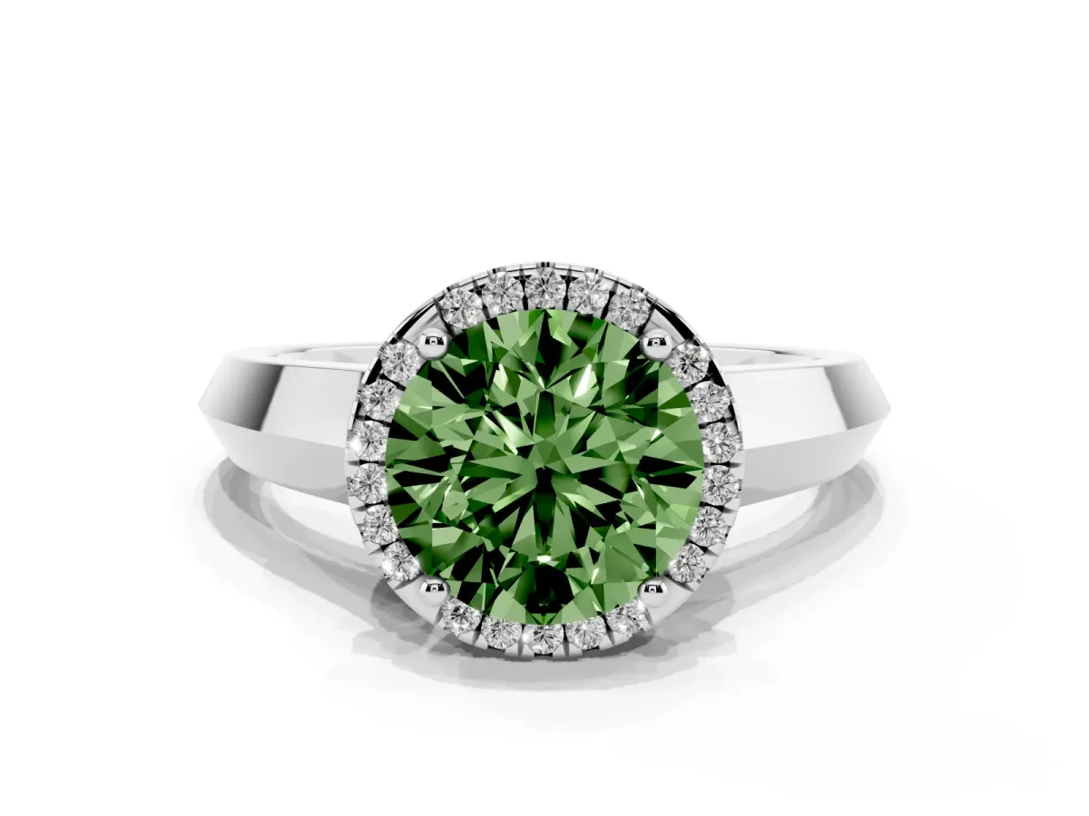 Fancy Green Round Cut Halo Diamond Ring with Cathedral Band and Four-Prong Setting White gold