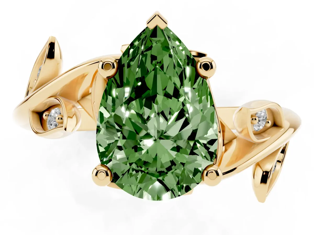 Fancy Green Pear Cut Solitaire Twist Engagement Ring with Leaf Accents and Prong Setting Yellow gold
