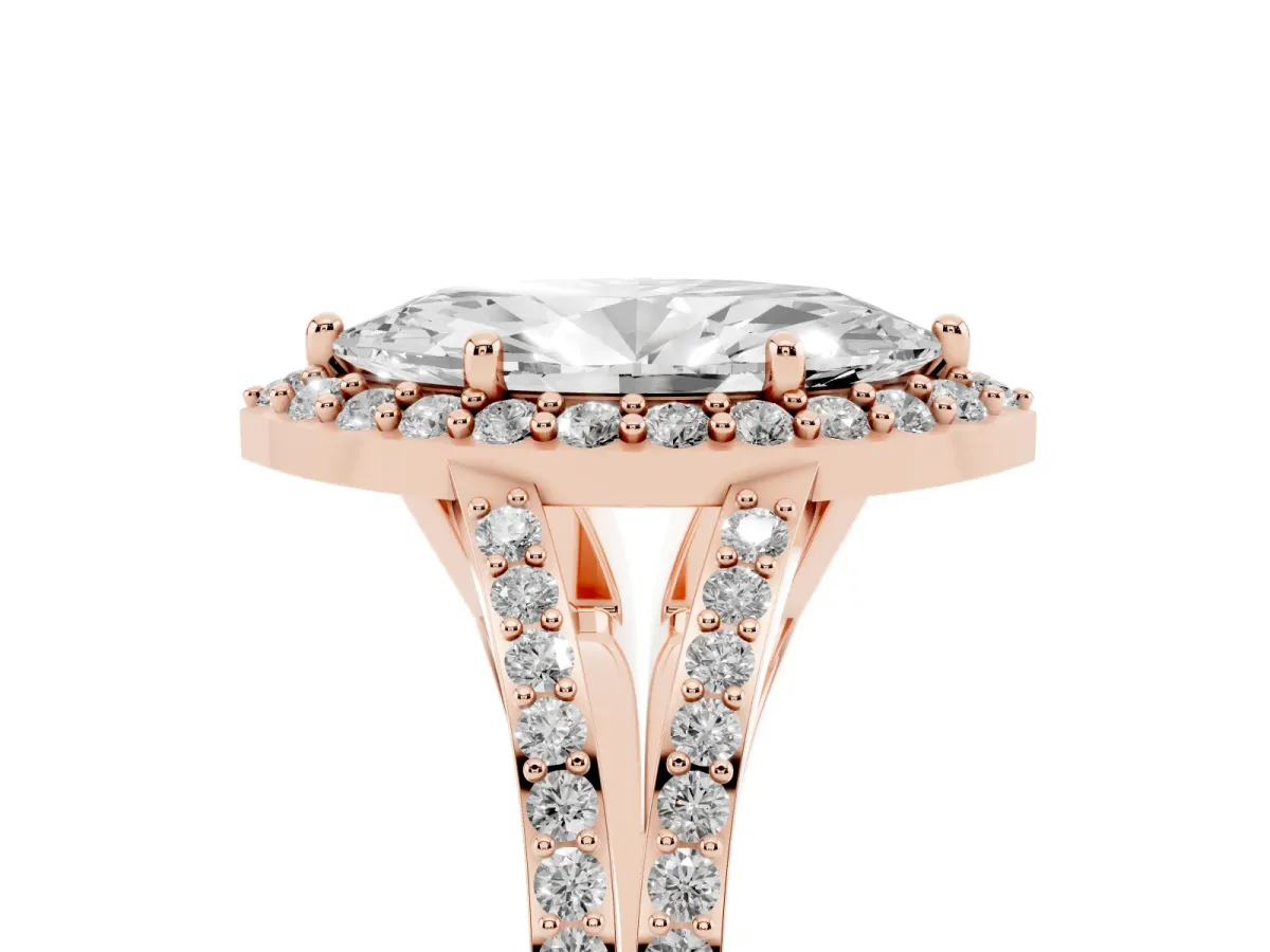 Marquise Cut Halo Split Shank Diamond Ring with Prong Setting Rose gold
