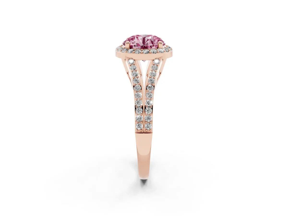 Fancy Pink Round Cut Halo Split Shank Diamond Ring with Prong Setting Rose gold