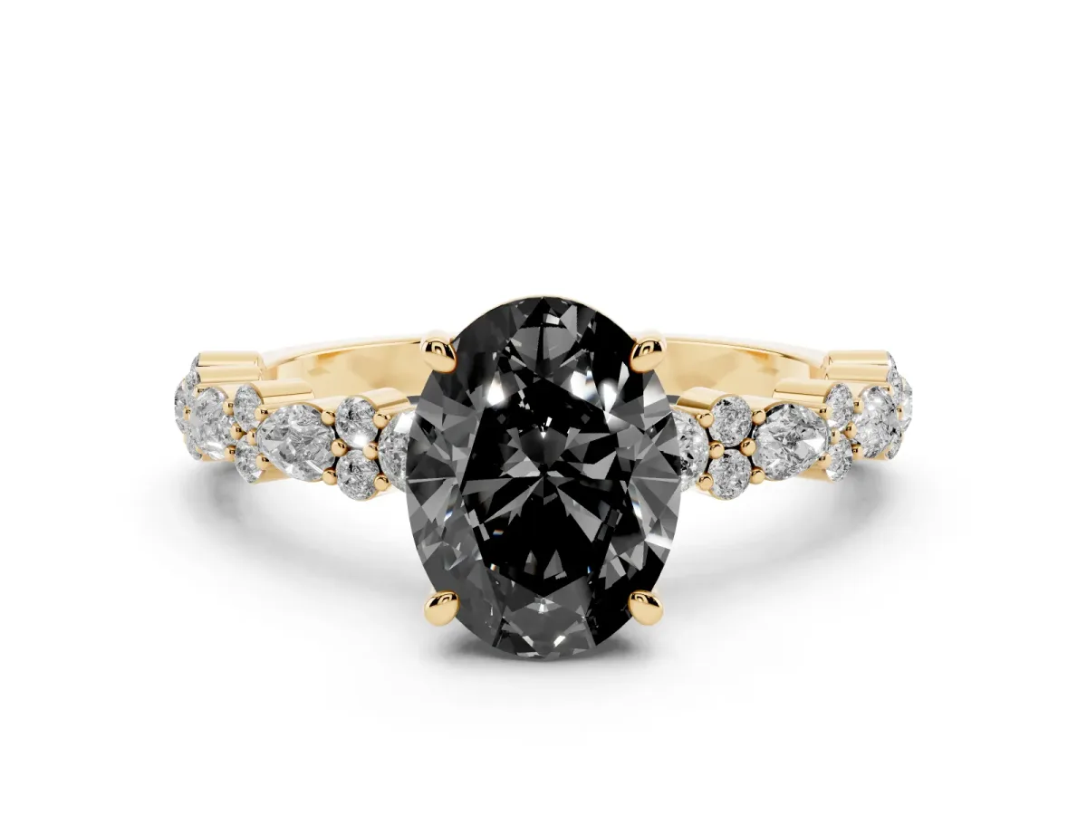 Fancy Black Oval Cut Diamond Side Stone Solitaire Ring with Round and Four-Prong Setting Yellow gold