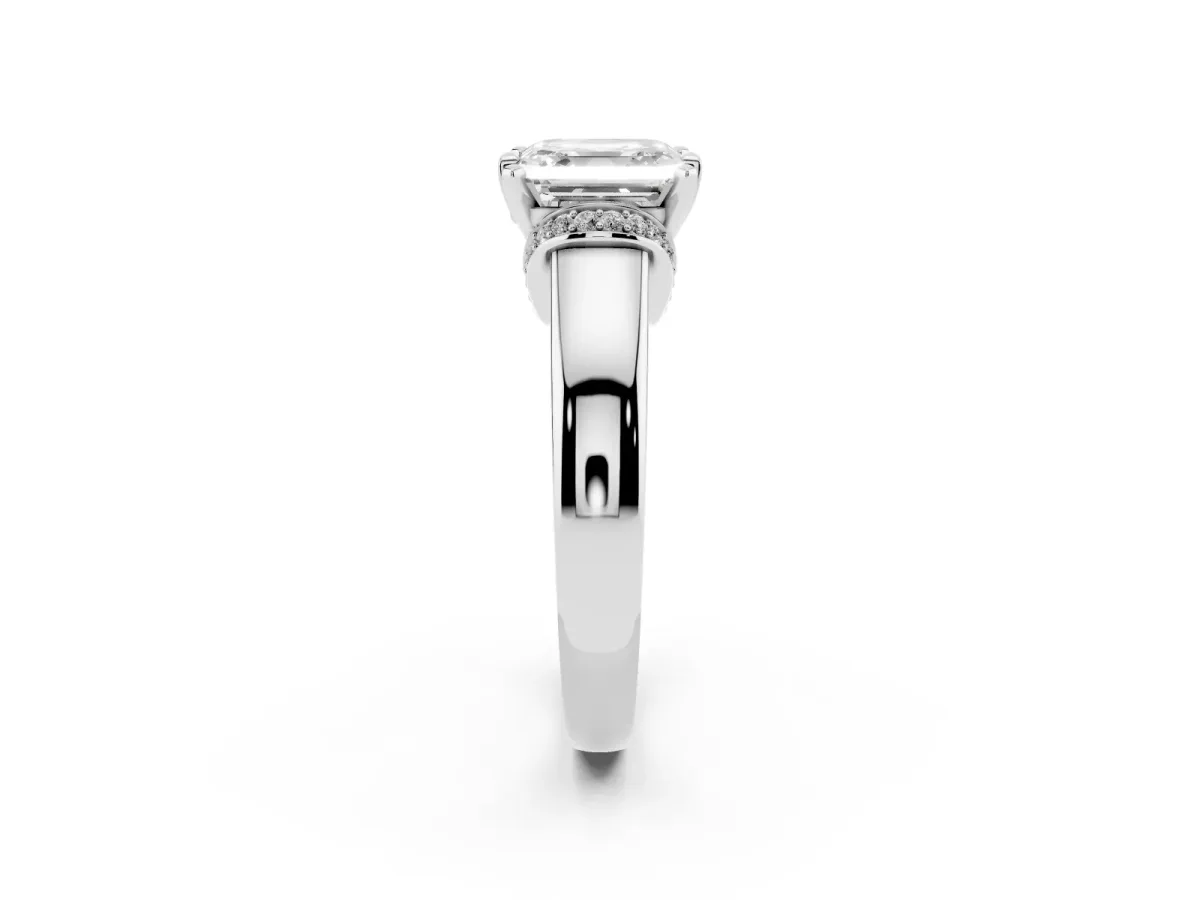 Asscher Cut Solitaire Diamond Ring with Pave Band and Six-Prong Setting Silver