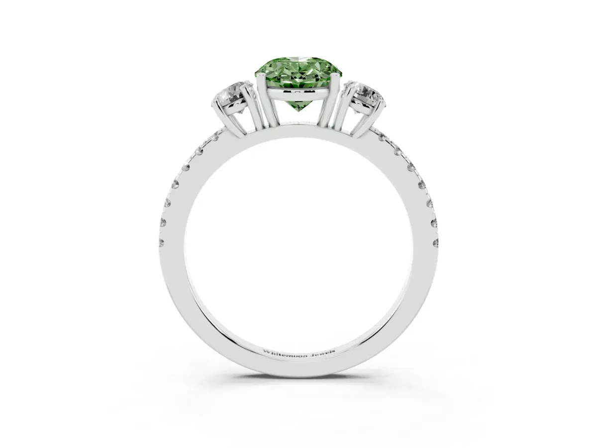Fancy Green Three-Stone Oval Cut Cut Diamond Pavé Band with Prong Setting Silver