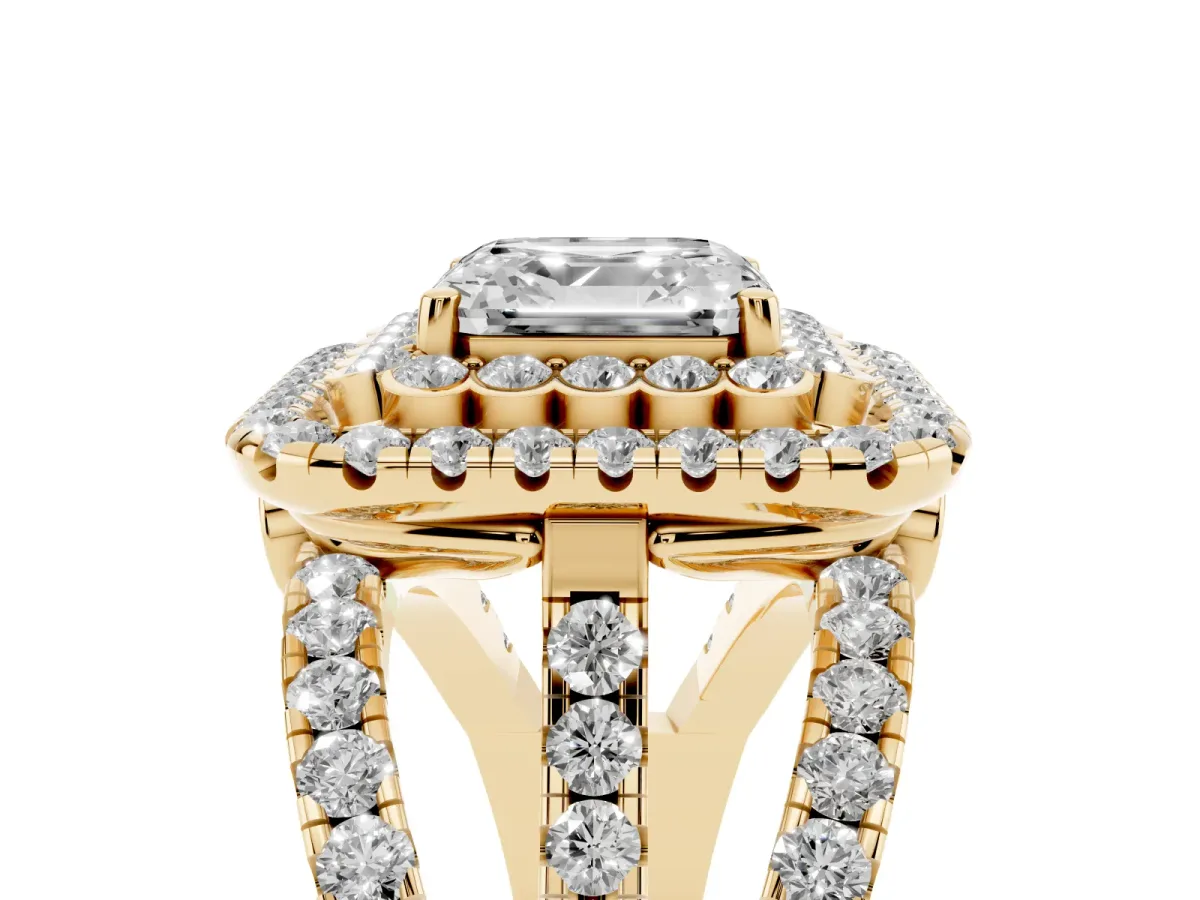 Asscher Cut Diamond Double Halo Ring with Round Pavé Split Shank and Prong Setting Yellow gold