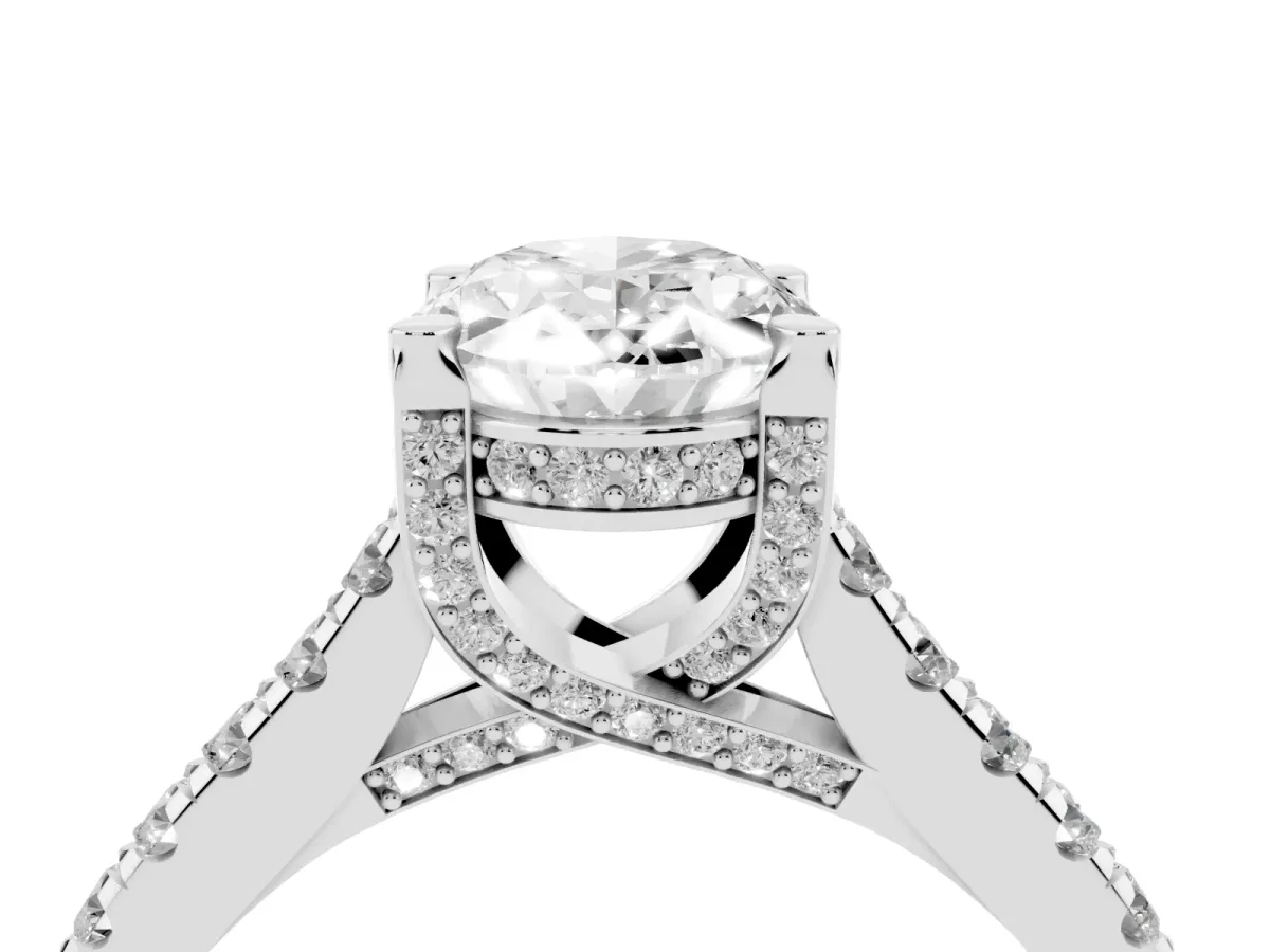 Oval Cut Brilliant Diamond Solitaire with Pavé Band and Four-Prong Setting Silver