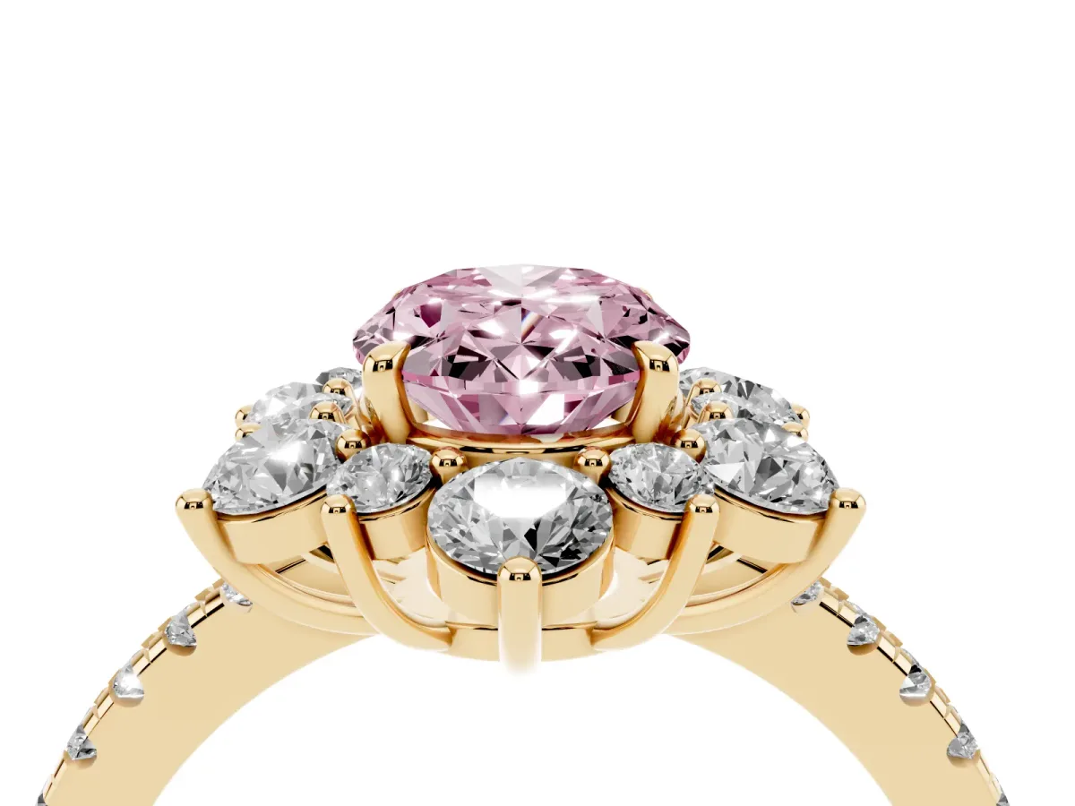 Fancy Pink Oval Cut Diamond Floral Halo Ring with Round Pavé Band and Prong Setting Yellow gold