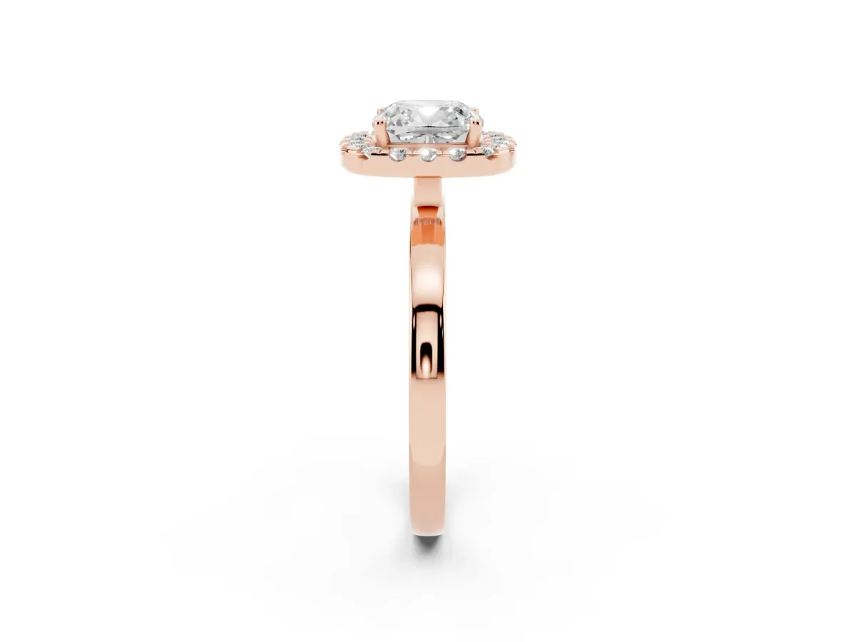 Cushion Cut Halo Diamond Solitaire with Pavé Band and Four-Prong Setting Rose gold