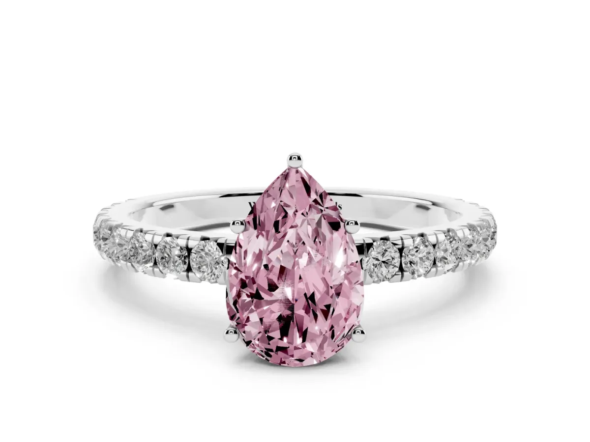 Fancy Pink Pear Cut Diamond Pavé Solitaire Engagement Ring with Four-Prong Setting Platinum