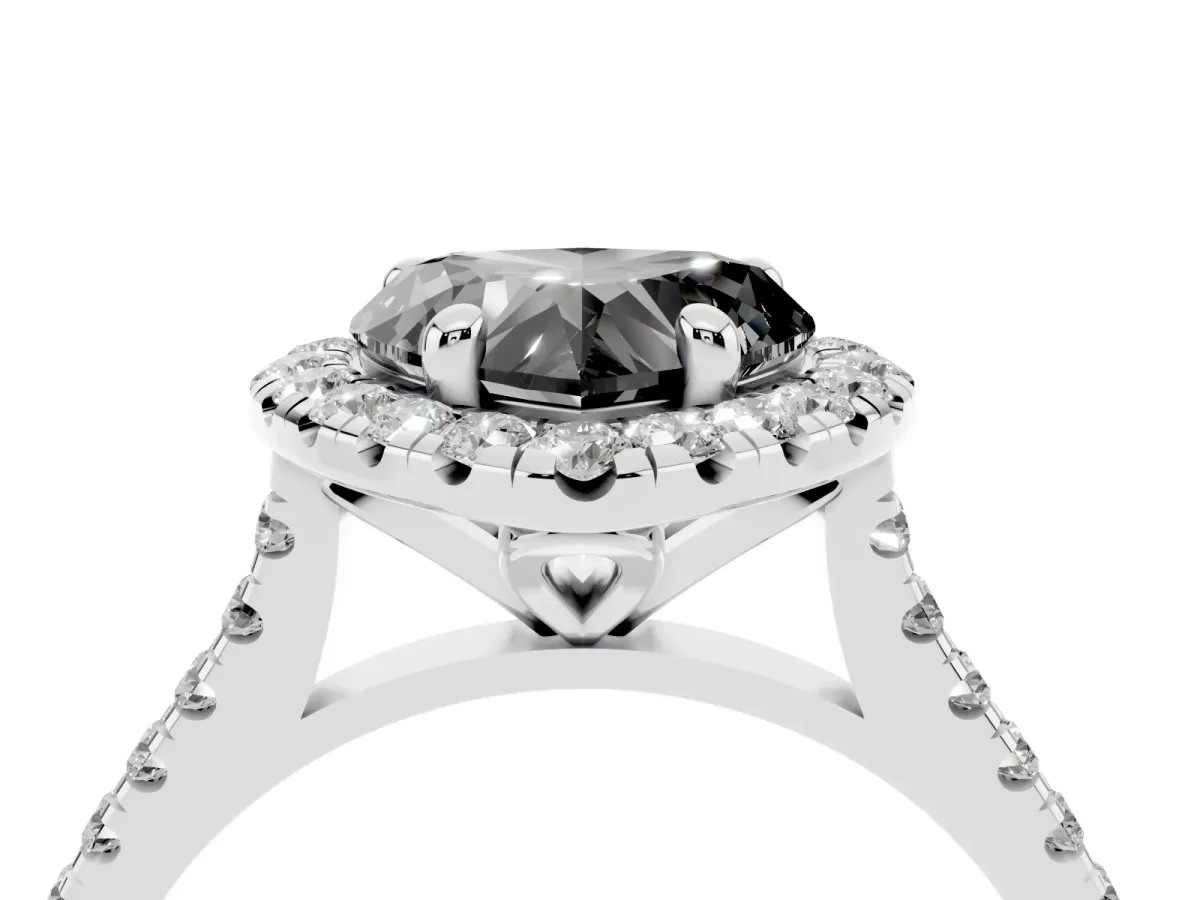 Fancy Black Heart Cut Diamond Cushion Halo Ring with Pavé Band Platinum