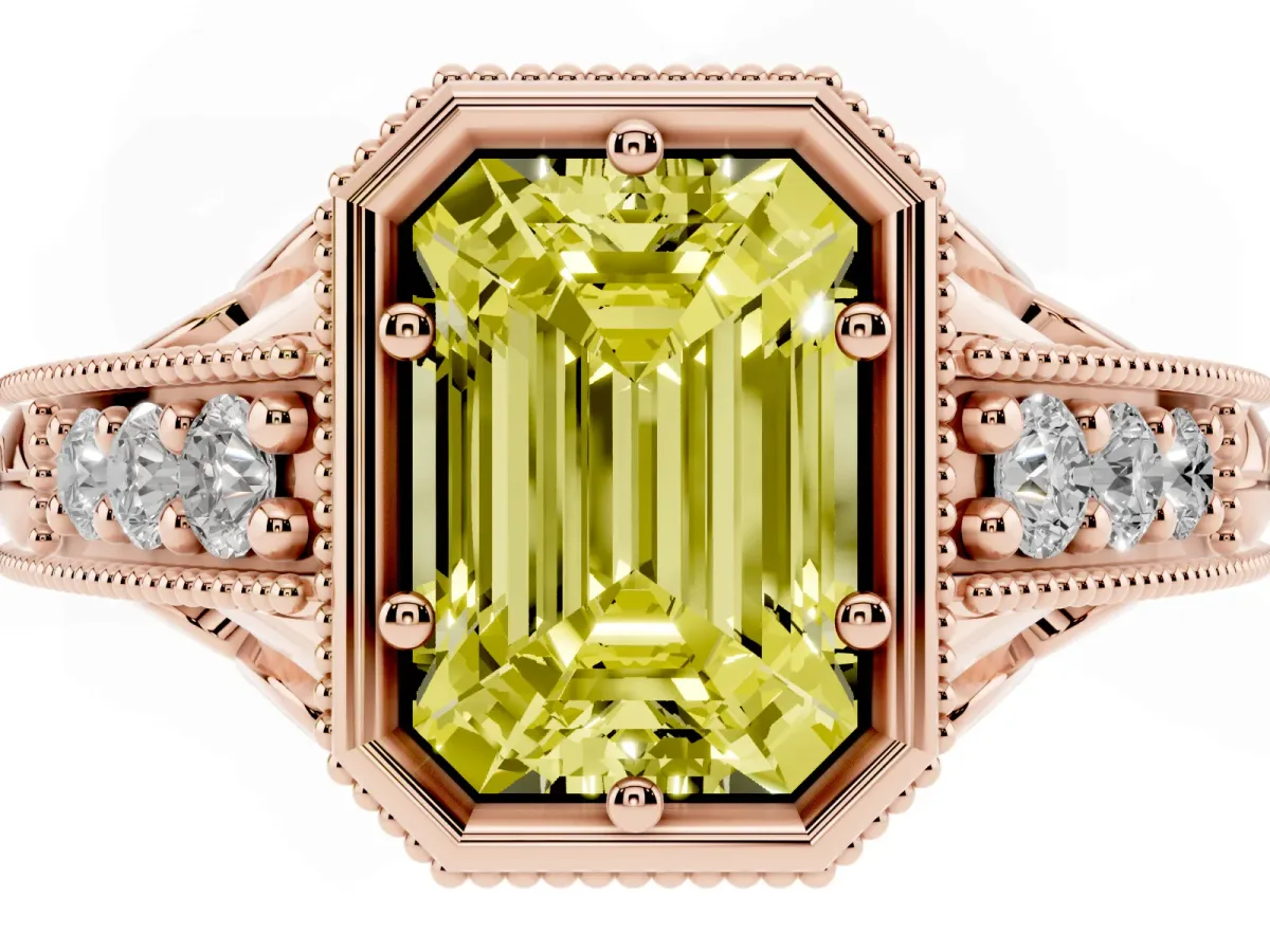 Fancy Yellow Bezel Set Emerald Cut Diamond Milgrain Pave Engagement Ring Rose gold