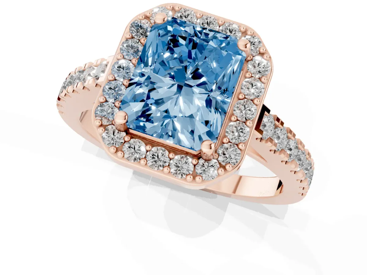 Fancy Blue Radiant Cut Diamond Halo Ring with Round Pavé Split Shank and Prong Setting Rose gold
