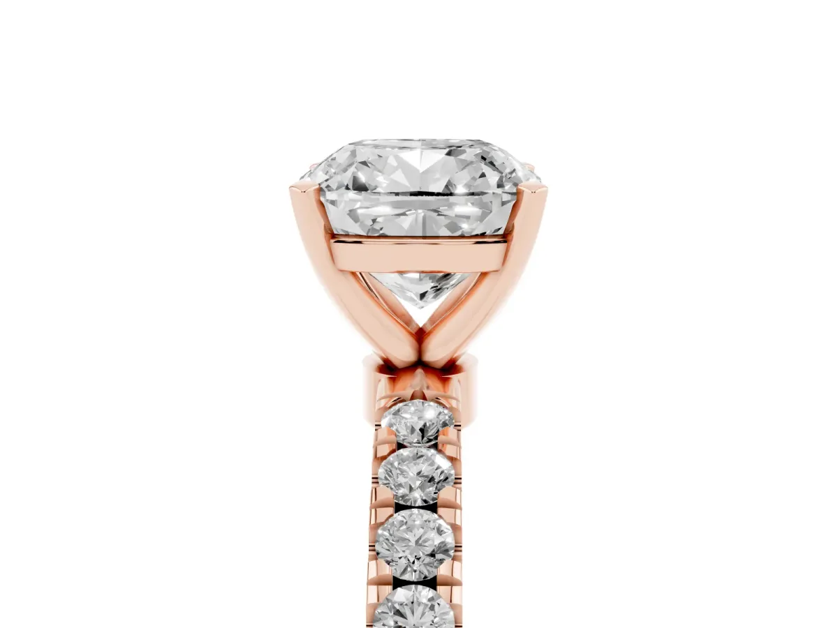 Cushion Cut Diamond Solitaire Ring with Pavé Accents and Four-Prong Setting Rose gold