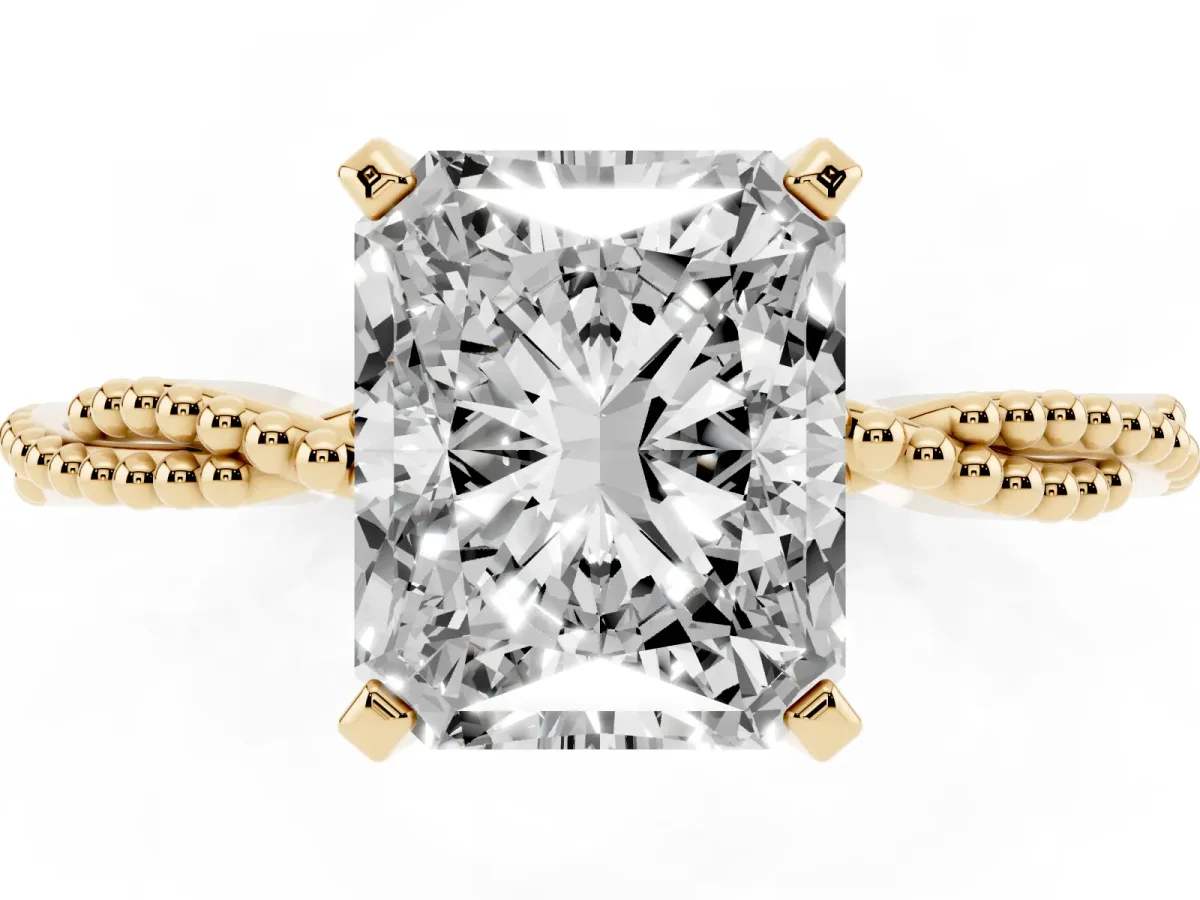 Radiant Cut Solitaire Twisted Band with Bead Prong Setting Yellow gold