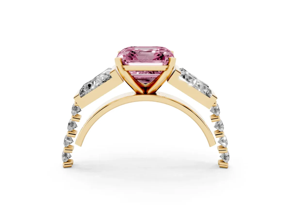 Fancy Pink Asscher Cut Diamond Engagement Ring with Baguette Side Stones and Channel Set Band Yellow gold