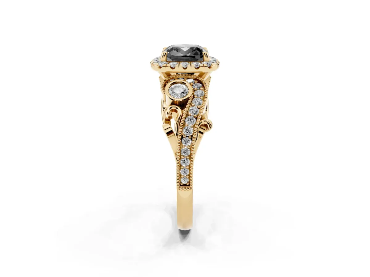 Fancy Black Cushion Cut Halo Diamond Ring with Milgrain and Bezel Accents on a Split Shank Band Yellow gold