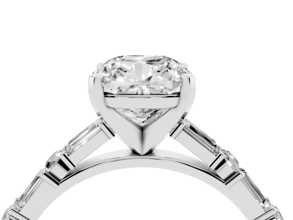 Cushion Cut Diamond Solitaire with Side Baguettes and Channel Set Band Platinum