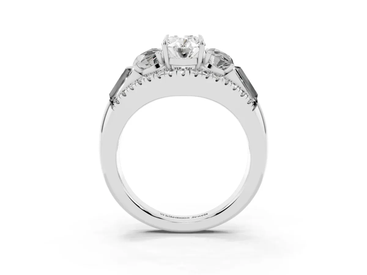 Three-Stone Oval Cut Diamond Engagement Ring with Pave Band and Prong Setting Silver