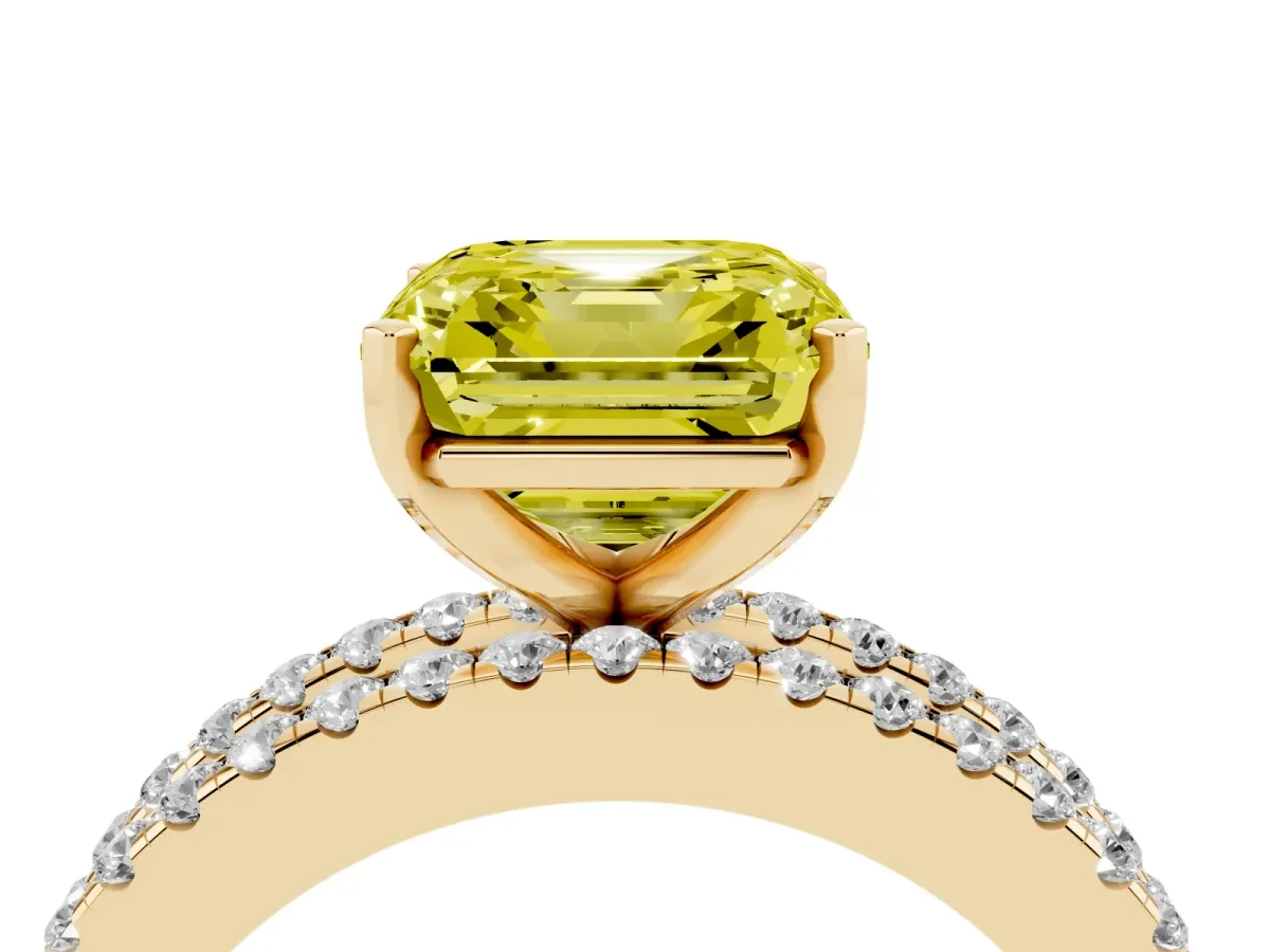 Fancy Yellow Asscher Cut Diamond Solitaire Ring with Pavé and Channel Set Band Yellow gold