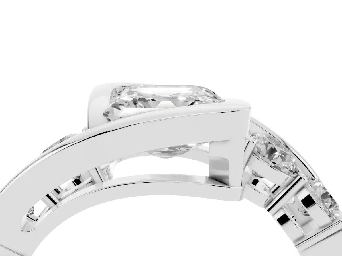 Bezel Set Asscher Cut Diamond Bypass Ring with Round Accents White gold