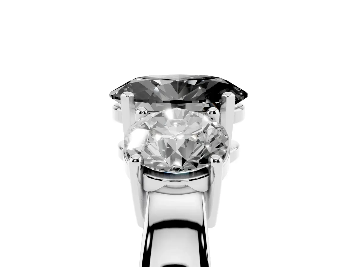 Fancy Black Three-Stone Oval Cut Diamond Ring with Round Side Stones, Classic Band, and Four-Prong Setting Silver