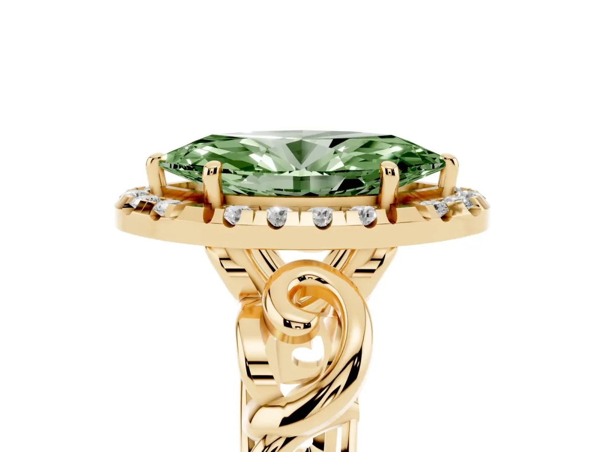 Fancy Green Marquise Cut Cut Halo Diamond Ring with Scrollwork Band and Four-Prong Setting Yellow gold