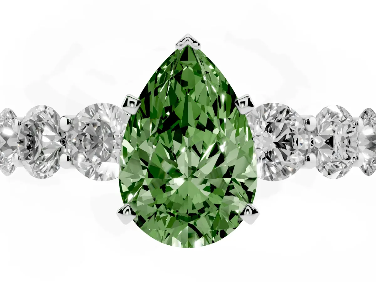 Fancy Green Pear Cut Diamond Prong Setting with Side Stones on a Pave Band Silver