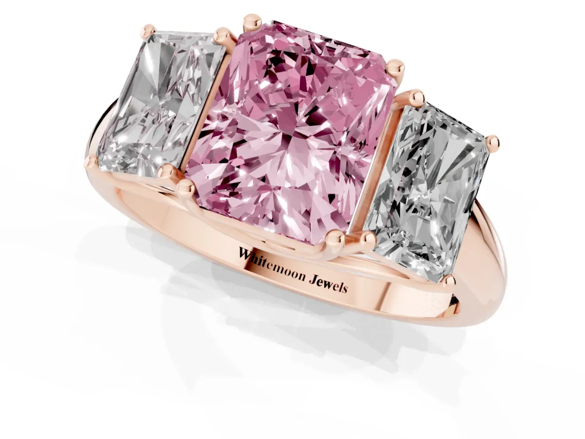 Fancy Pink Three-Stone Radiant Cut Diamond Engagement Ring with Prong Setting Rose gold