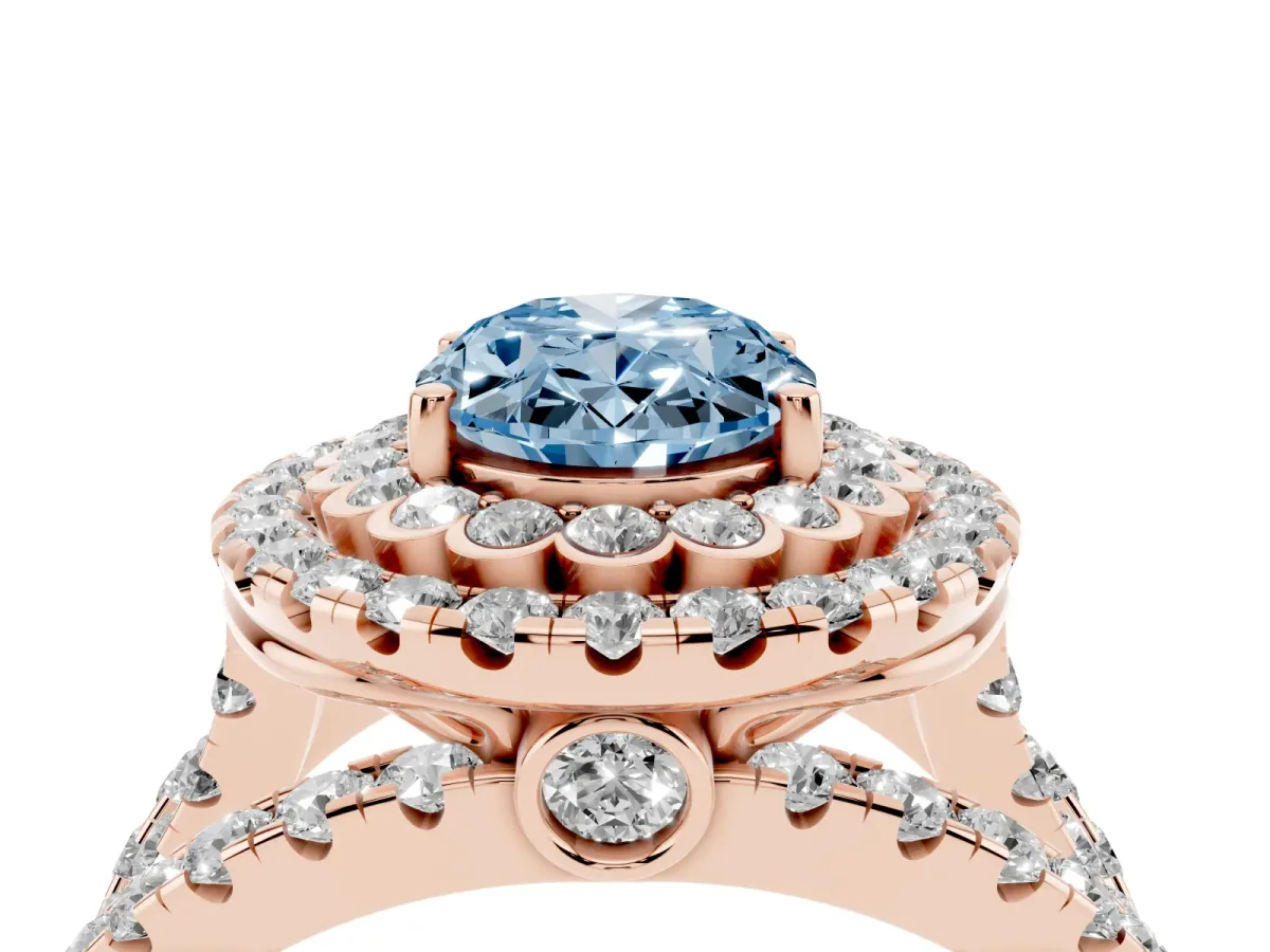 Fancy Blue Oval Cut Diamond Double Halo Ring with Round Pavé Split Shank and Prong Setting Rose gold