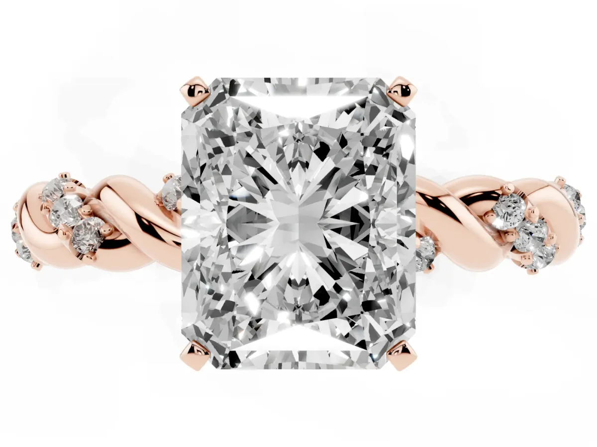 Radiant Cut Diamond Solitaire Ring with Twisted Band and Pavé Accents Rose gold