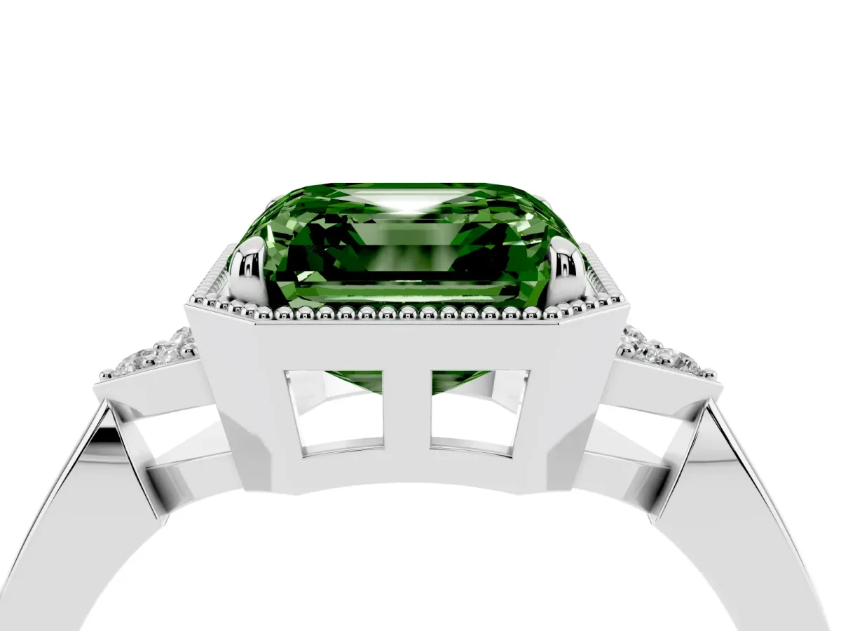 Fancy Green Milgrain Asscher Cut Cut Diamond Ring with Tapered Pave Band and Four Prong Setting Platinum