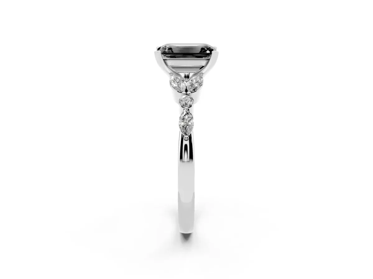 Fancy Black Emerald Cut Diamond Solitaire Ring with Side Stones and Four-Prong Setting Platinum