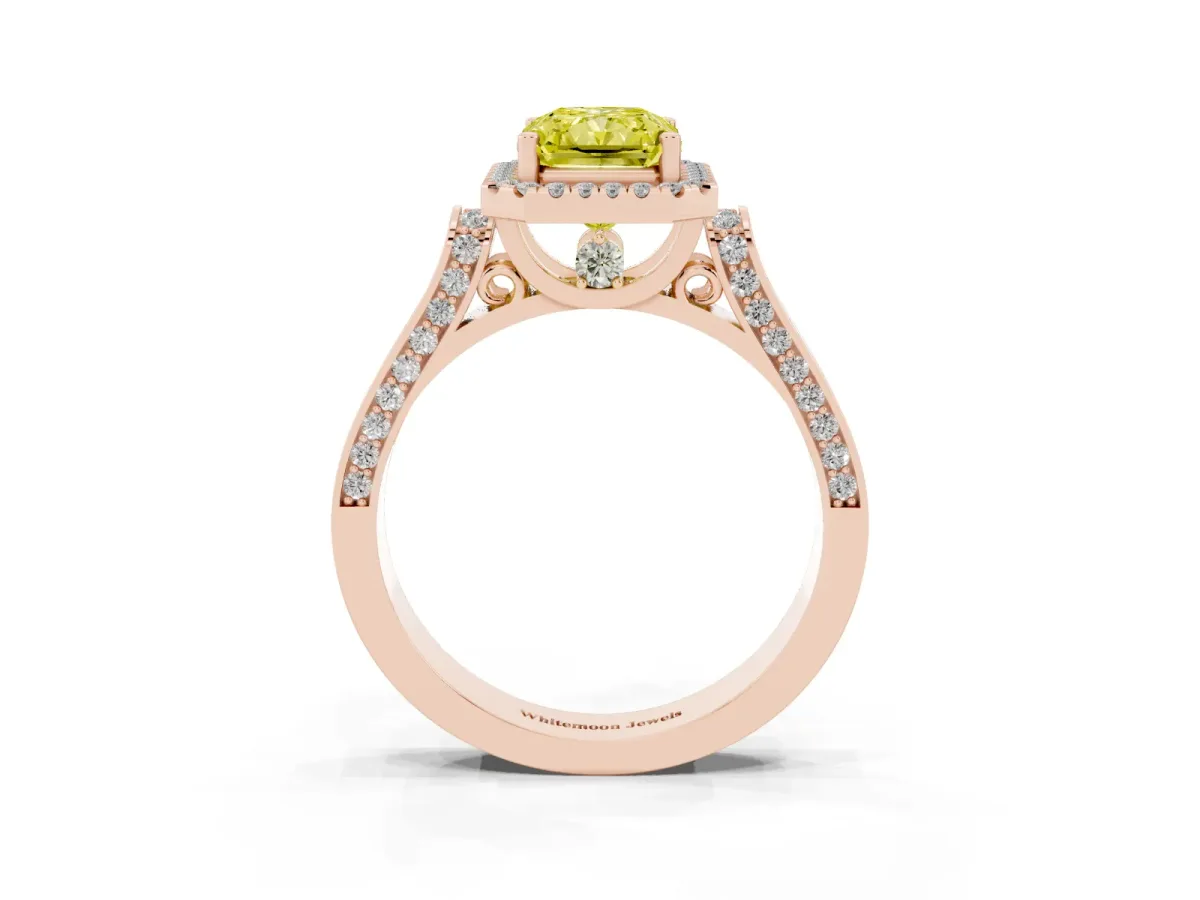 Fancy Yellow Radiant Cut Halo Round Diamond Twist Band with Four-Prong Setting Rose gold
