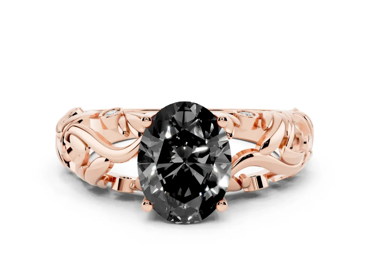 Fancy Black Oval Cut Solitaire Diamond Leaf-Inspired Vine Band Ring with Prong Setting Rose gold