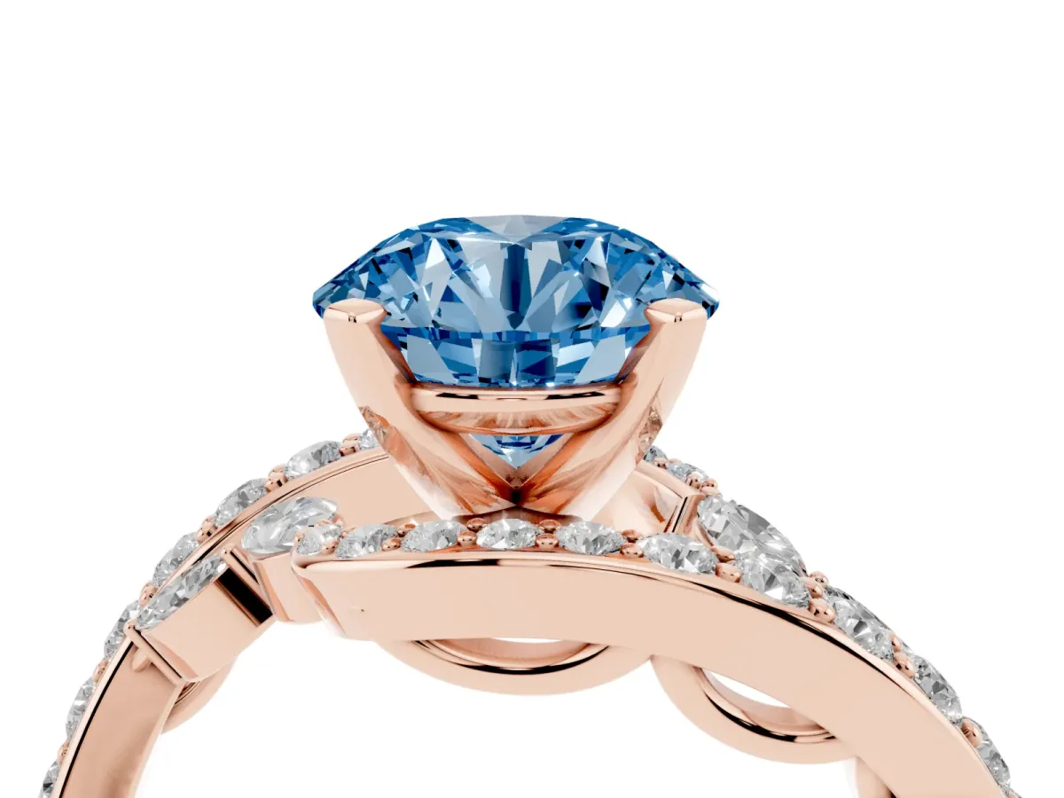 Fancy Blue Round Cut Solitaire with Pavé Twist Band and Four-Prong Setting Rose gold