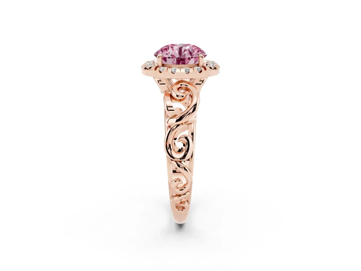 Fancy Pink Round Cut Cut Halo Diamond Ring with Scrollwork Band and Four-Prong Setting Rose gold